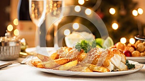 Fish and chips for winter holiday dinner, traditional British cuisine recipe in English country home, holidays celebration and