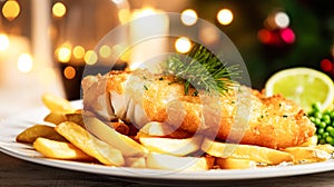 Fish and chips for winter holiday dinner, traditional British cuisine recipe in English country home, holidays celebration and