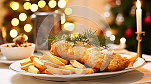 Fish and chips for winter holiday dinner, traditional British cuisine recipe in English country home, holidays celebration and