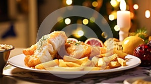 Fish and chips for winter holiday dinner, traditional British cuisine recipe in English country home, holidays celebration and