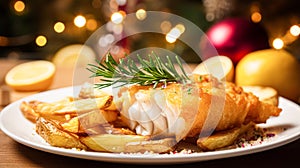 Fish and chips for winter holiday dinner, traditional British cuisine recipe in English country home, holidays celebration and