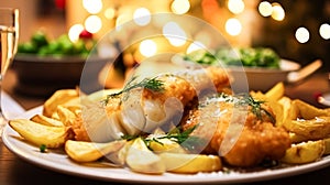 Fish and chips for winter holiday dinner, traditional British cuisine recipe in English country home, holidays celebration and