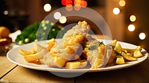 Fish and chips for winter holiday dinner, traditional British cuisine recipe in English country home, holidays celebration and