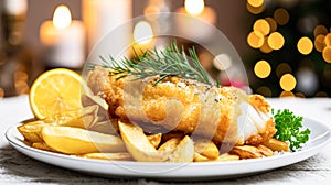 Fish and chips for winter holiday dinner, traditional British cuisine recipe in English country home, holidays celebration and