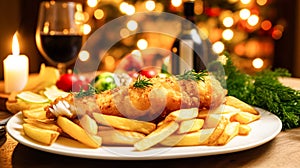 Fish and chips for winter holiday dinner, traditional British cuisine recipe in English country home, holidays celebration and