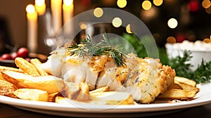 Fish and chips for winter holiday dinner, traditional British cuisine recipe in English country home, holidays celebration and