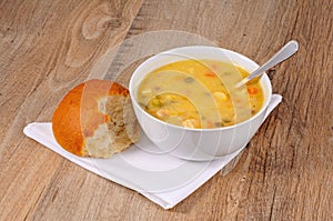 Fish chowder with bread roll.