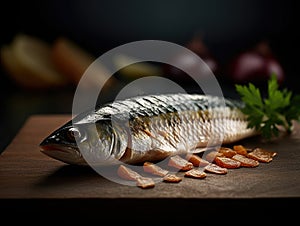 Fish on cutting board, with some slices of lemon and an orange slice placed next to it. There are also two small bowls