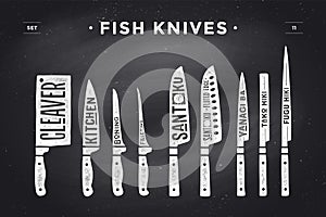 FIsh cutting knives set. Poster Butcher diagram and scheme