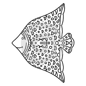Fish decorative graphic fish and moon line drawing. Vector and zentangle coloring book for children and adults. Coloring book page