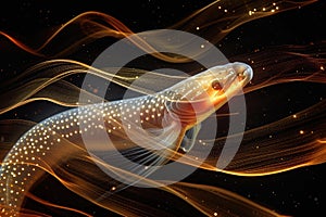 A fish defying gravity as it hovers in mid-air, surrounded by suspended water droplets, A surreal vision of an Electric Eel