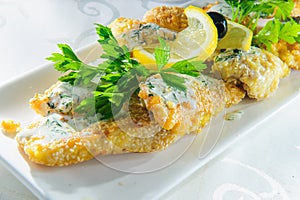 Fish dish - fried fish fillet with vegetables on white background