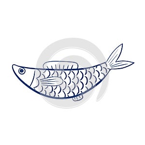 FIsh doodle line symbol for decoration on food and marine life.