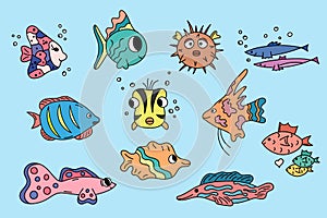 Fish doodles. Cute colorful set. Vector collection of cartoon outline sea abodes. Wild marine life in hand drawn style. Swimming