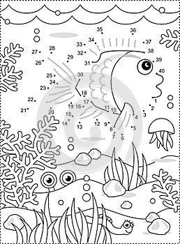 Fish dot-to-dot activity and coloring page. Full-page underwater scene. Math basics for kids.