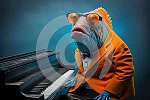 a fish dressed as a jazzman playing pianino, created with Generative AI technology