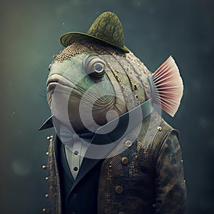 Fish dressed as a man portrait. Futuristic fantasy animal art