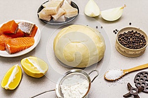 Fish dumplings. Ingredients for home cooking. Fresh dough, fish, spices, cooking equipment