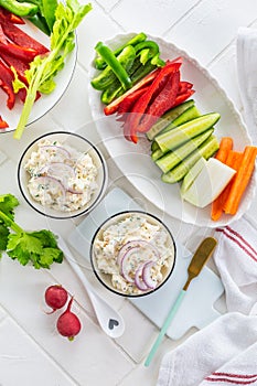 Fish and egg paste or salad with raw snack vegetables, healthy snack