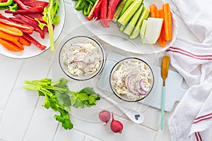 Fish and egg paste or salad with raw snack vegetables, healthy snack