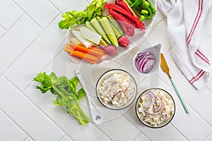 Fish and egg paste or salad with raw snack vegetables, healthy snack