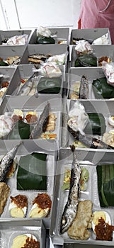 Fish, egg sambal in lunch box photo