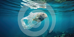 Fish encased in a plastic bag submerged in ocean waters, a stark reminder of pollution , concept of Ocean pollution