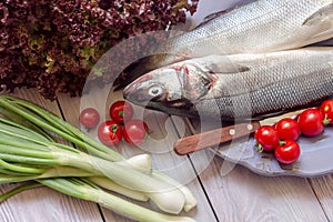 Fish european bass Dicentrarchus labrax on a wooden table