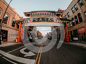 Fish eye effect of Chicago Chinatown street entrance sign, Illinois