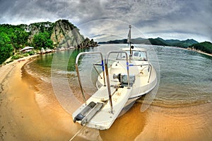 Fish-eye view of boat in the Russian Primorye Spokoynaya bay HDR image