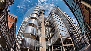 Fish eye view of buildings in the financial district of the City of London