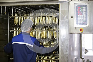 Fish factory.A worker pushes a smoked fish cart into an industrial oven.