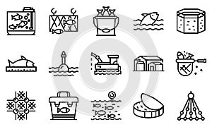 Fish farm icons set, outline style