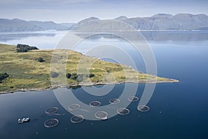 Fish farm salmon round nets in natural environment Loch Awe Arygll and Bute Scotland
