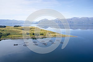 Fish farm salmon round nets in natural environment Loch Etive in Arygll and Bute Scotland