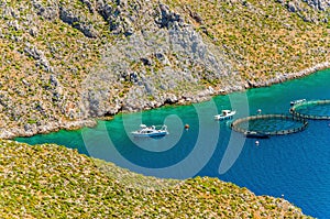 Fish farms with cages in Greece