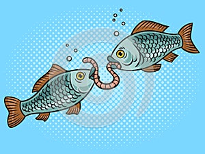 Fish fight worm pop art raster illustration