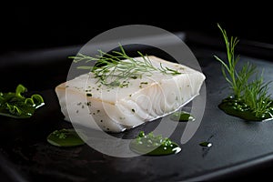 Fish Fillet Dinner, Healthy Seafood, Cod Meat Piece, White Fish Meat on Black Background, Generative AI