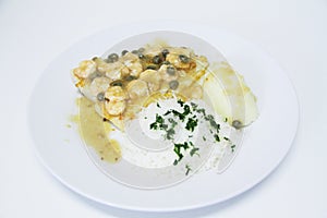 Fish fillet Sole with shrimp sauce rice potato cream recipe Sao Paulo Brazil