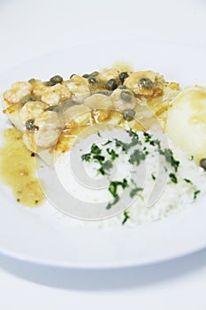 Fish fillet Sole with shrimp sauce rice potato cream recipe Sao Paulo Brazil