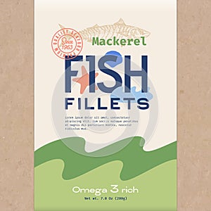 Fish Fillets. Abstract Vector Fish Packaging Design or Label. Modern Typography, Hand Drawn Mackerel Silhouette and