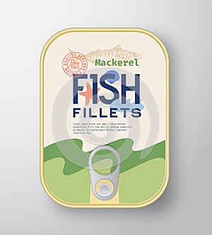 Fish Fillets Aluminium Container with Label Cover. Abstract Vector Premium Canned Packaging Design. Modern Typography
