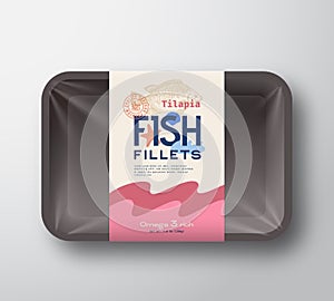 Fish Fillets Pack. Abstract Vector Fish Plastic Tray Container with Cellophane Cover. Packaging Design Label. Modern