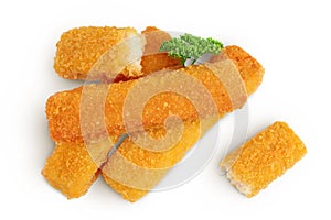 Fish finger or stick with parsley isolated on white background. Top view. Flat lay.