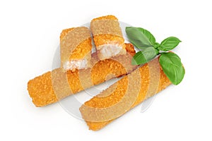 Fish finger or stick with parsley isolated on white background. Top view. Flat lay.