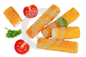 Fish finger or stick with parsley isolated on white background. Top view. Flat lay.