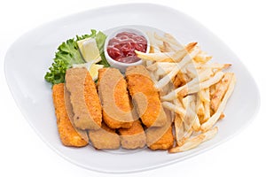 Fish Fingers with Chips isolated on white