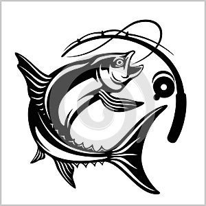 Fish with fishing rod in monochrome style. Logo for fishing, championship and sport club