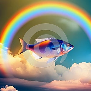 fish floating in the sky, surrounded by clouds and rainbow, abstract, surreal, dreamlike