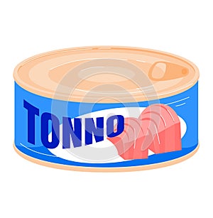 Fish food in can, canned seafood tune isolated on white, vector illustration. Container storage icon design, aluminum